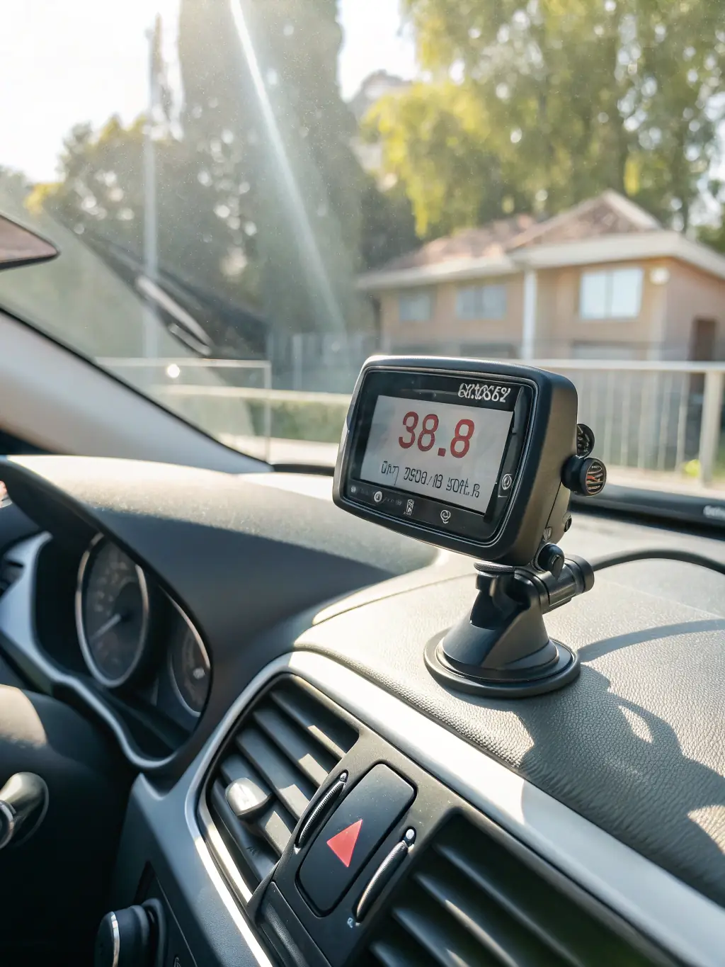 A high-resolution image of the Speed Limiter Device installed in a car, showing its user-friendly interface and compact design. The device is displaying a safe speed limit.