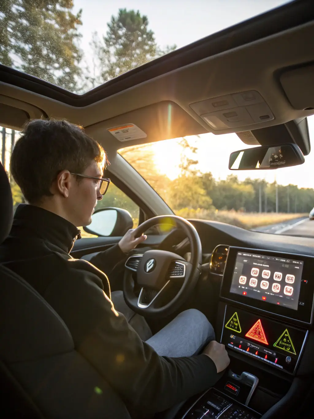 A driver using the Driver Safety System, showing the real-time alerts and monitoring features that promote responsible driving behavior.