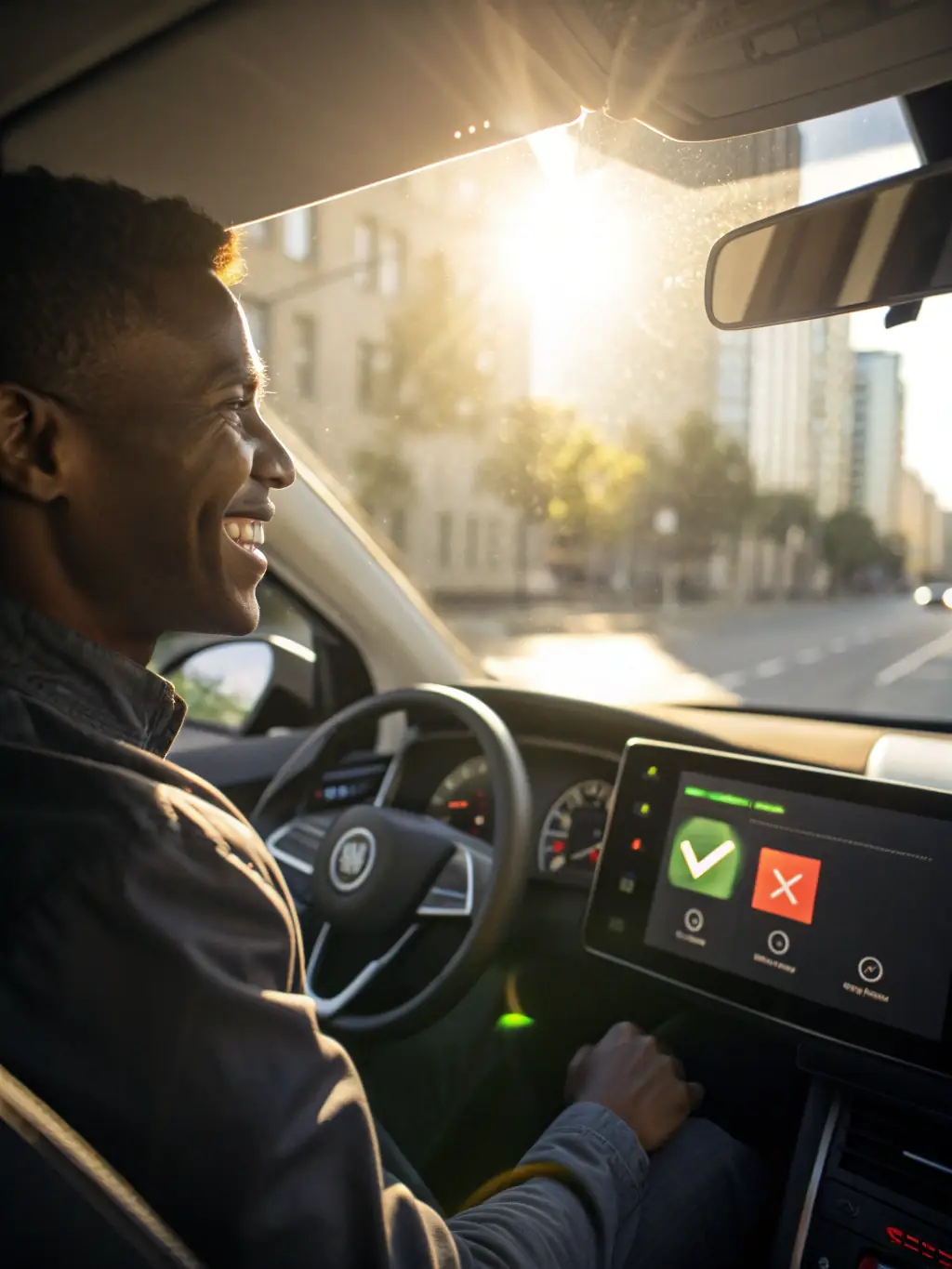 A driver using the Driver Safety System, focusing on the system's ability to provide real-time feedback and improve driving habits. The driver is shown reacting positively to an alert.