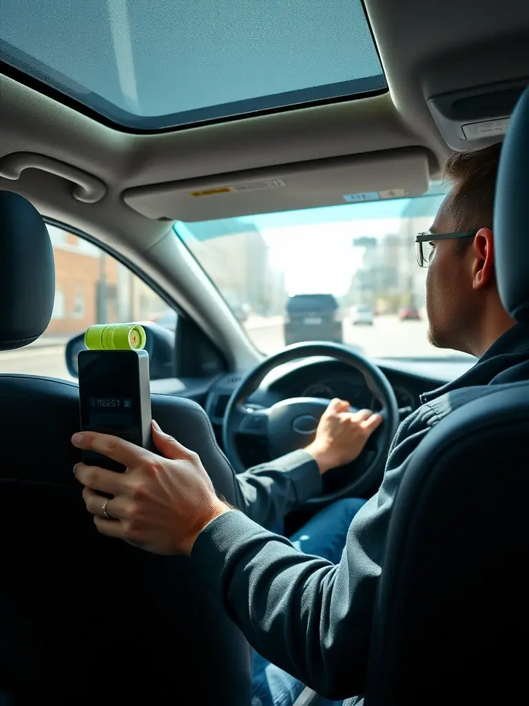 A professional driver using a speed limiter device in their car, ensuring they stay within the legal speed limit on a busy city street.