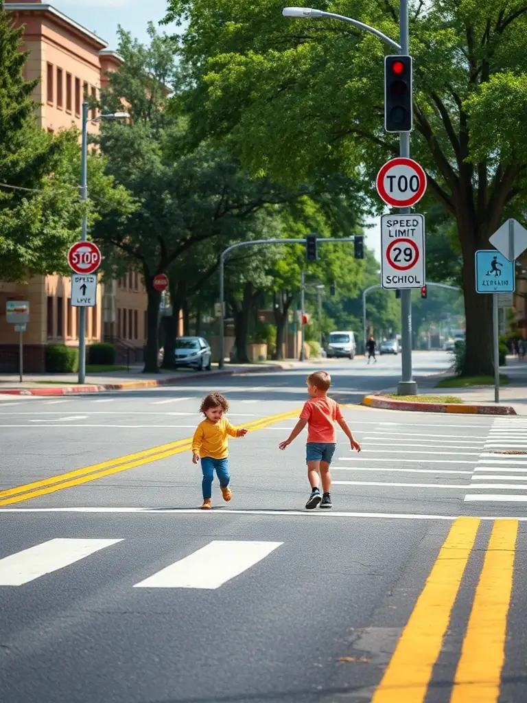A pedestrian crossing a street in a school zone, protected by speed control measures and visible signage to ensure their safety.