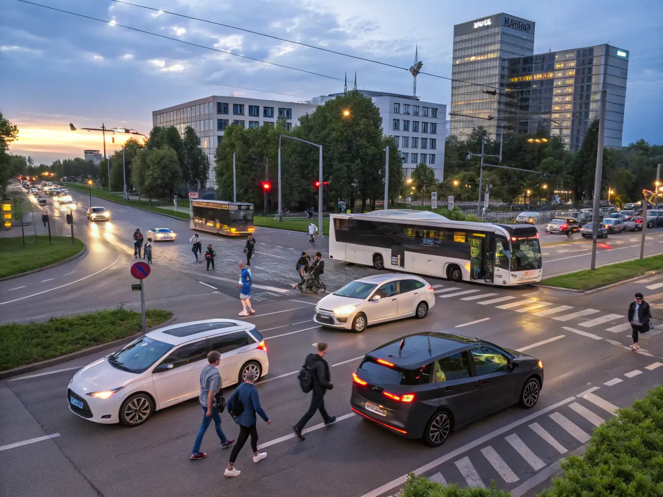 A diverse cityscape with vehicles safely navigating roads, highlighting the impact of VisionZeroSolutions on urban traffic.