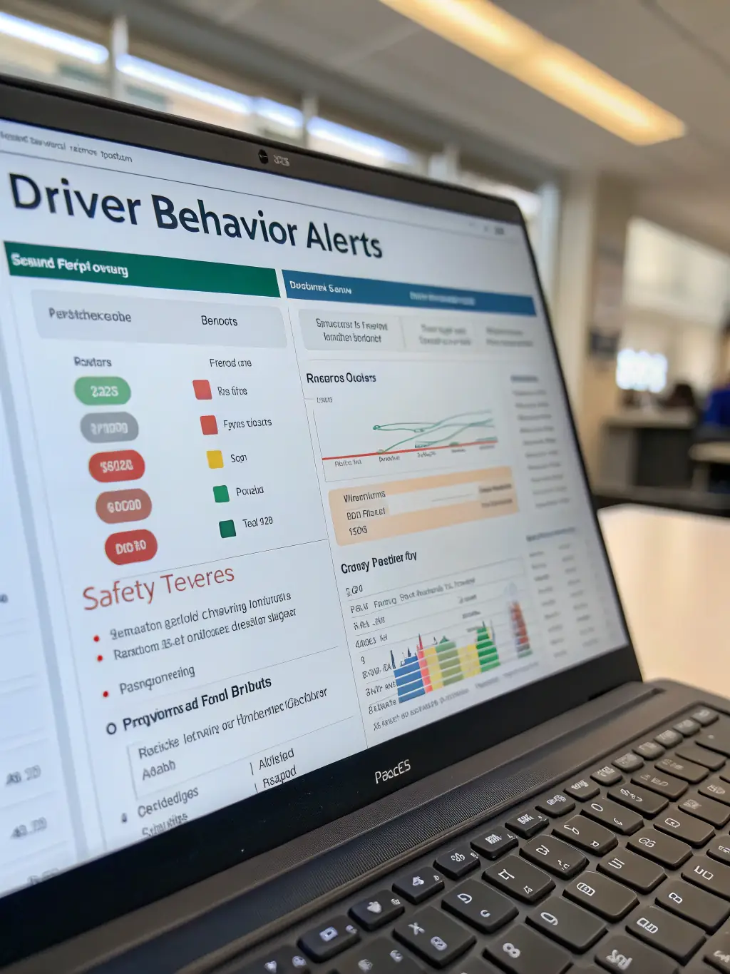 A detailed image of the Driver Safety System's dashboard display, showcasing real-time alerts and driver monitoring features. The display shows alerts for fatigue and distraction.