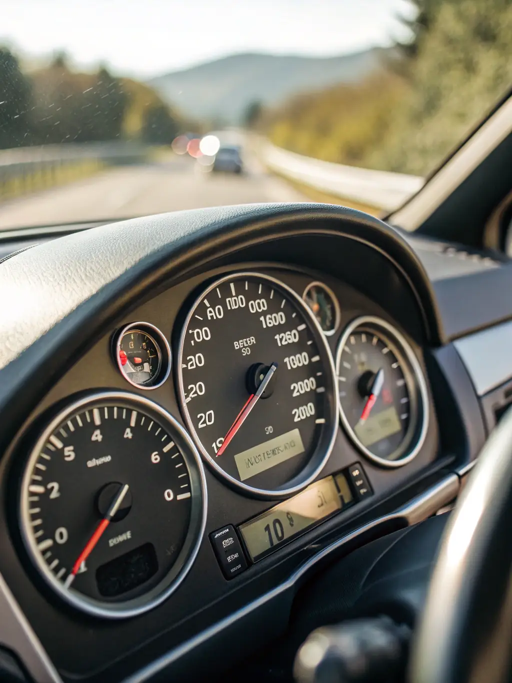 A digital rendering of a car dashboard displaying a speed limiter device interface, highlighting its ease of use and real-time speed monitoring capabilities.