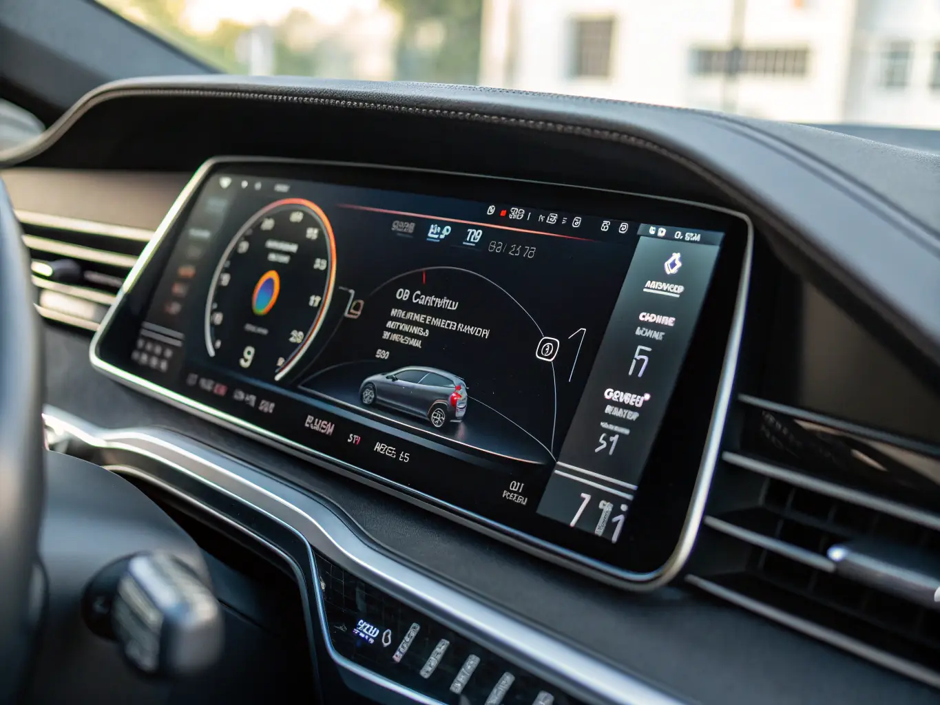 A high-resolution image of a speed limiter device installed in a car, showing the digital display and user interface. The device should appear modern and user-friendly, with clear indicators for speed settings and alerts.