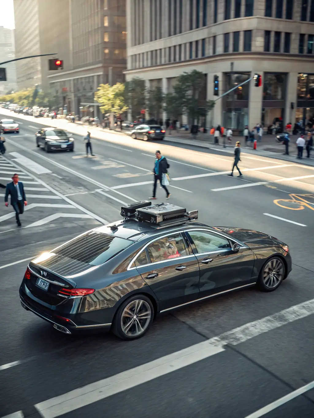 A car equipped with advanced driver-assistance systems (ADAS) navigating a complex urban intersection safely and efficiently.