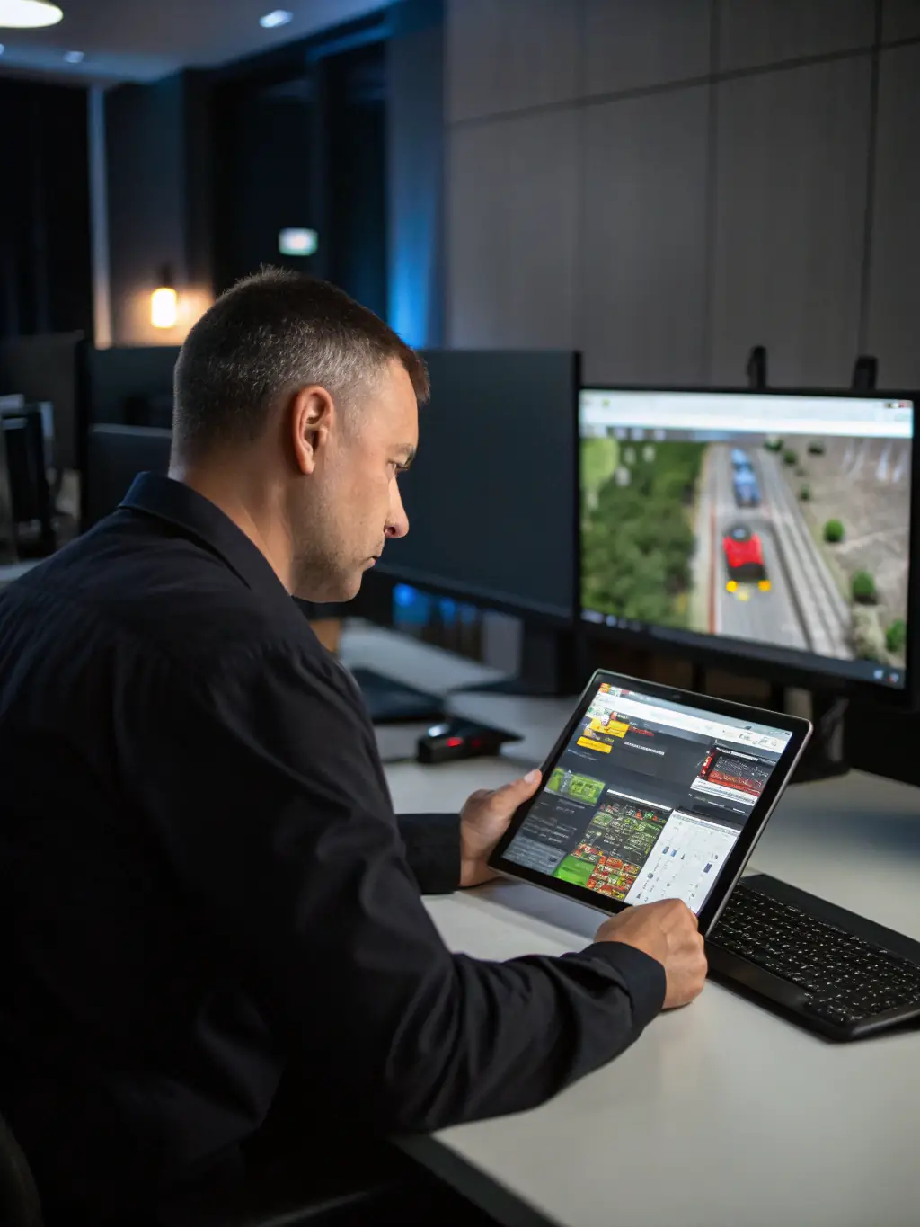 A fleet manager reviewing driver safety data on a dashboard, showing real-time alerts and performance metrics for their vehicles.