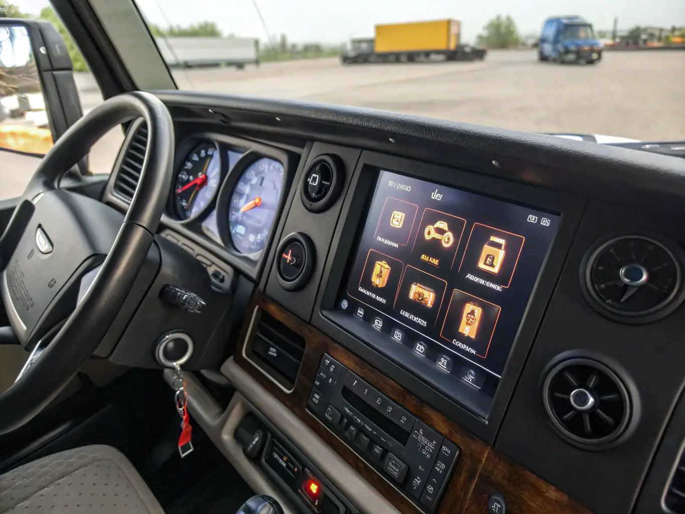 A detailed image of a driver safety system installed in a truck, highlighting features such as fatigue detection sensors and real-time monitoring displays. The system should appear sophisticated and reliable.